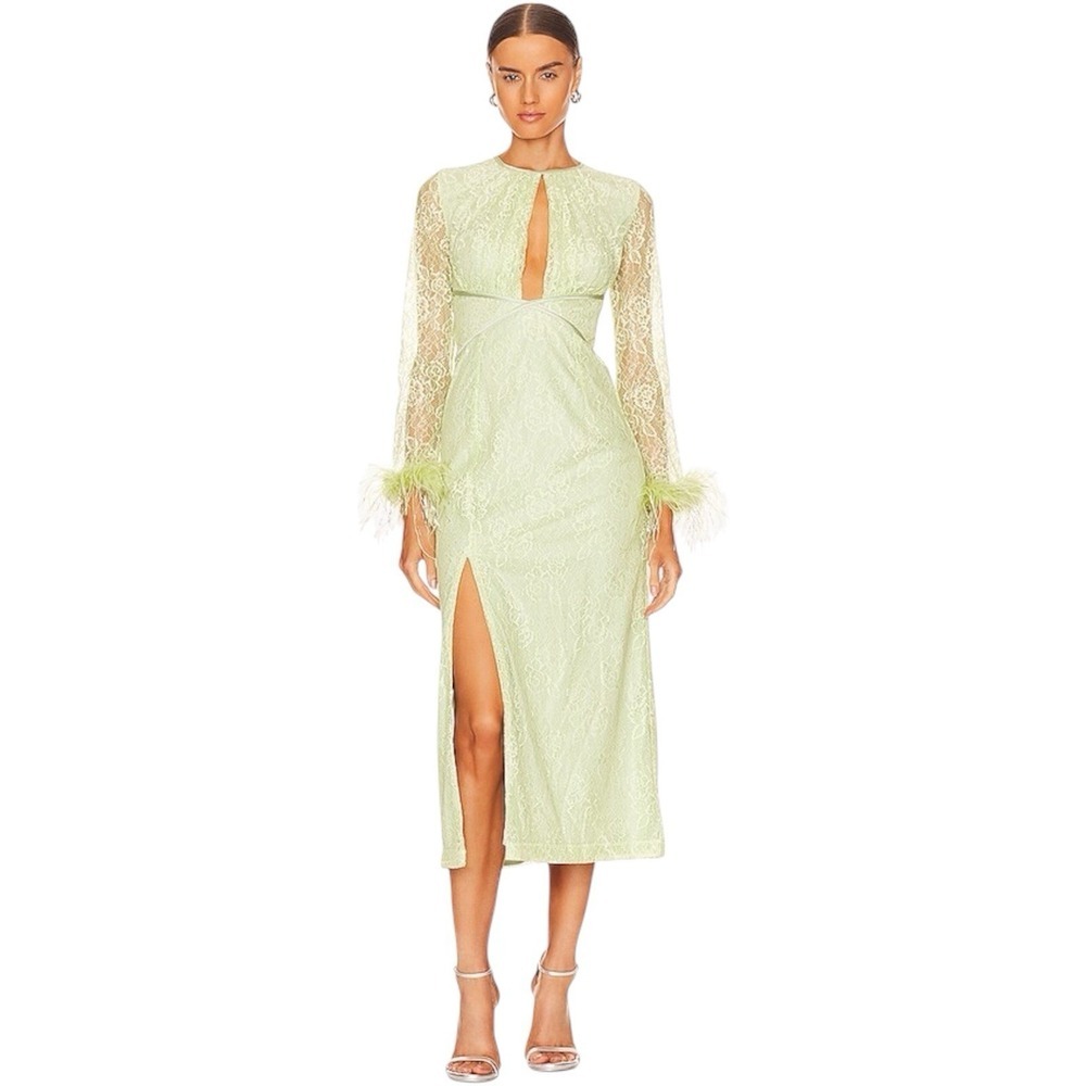 Alice McCall Vivienne Midi Dress Lettuce Green Lace Feather Trim Sz 2. NWT. $679